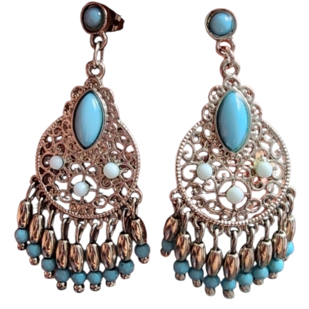 Blue Silvertone Chandelier Earrings with Filigree
